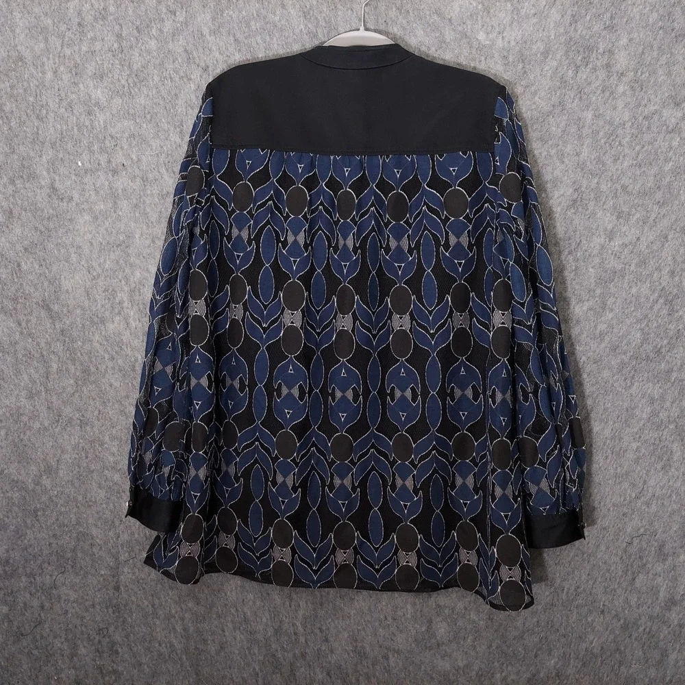 Tory Burch Harbor Silk Tunic L Blue Mesh Appliqué Lined Neck Long Sheer Sleeve